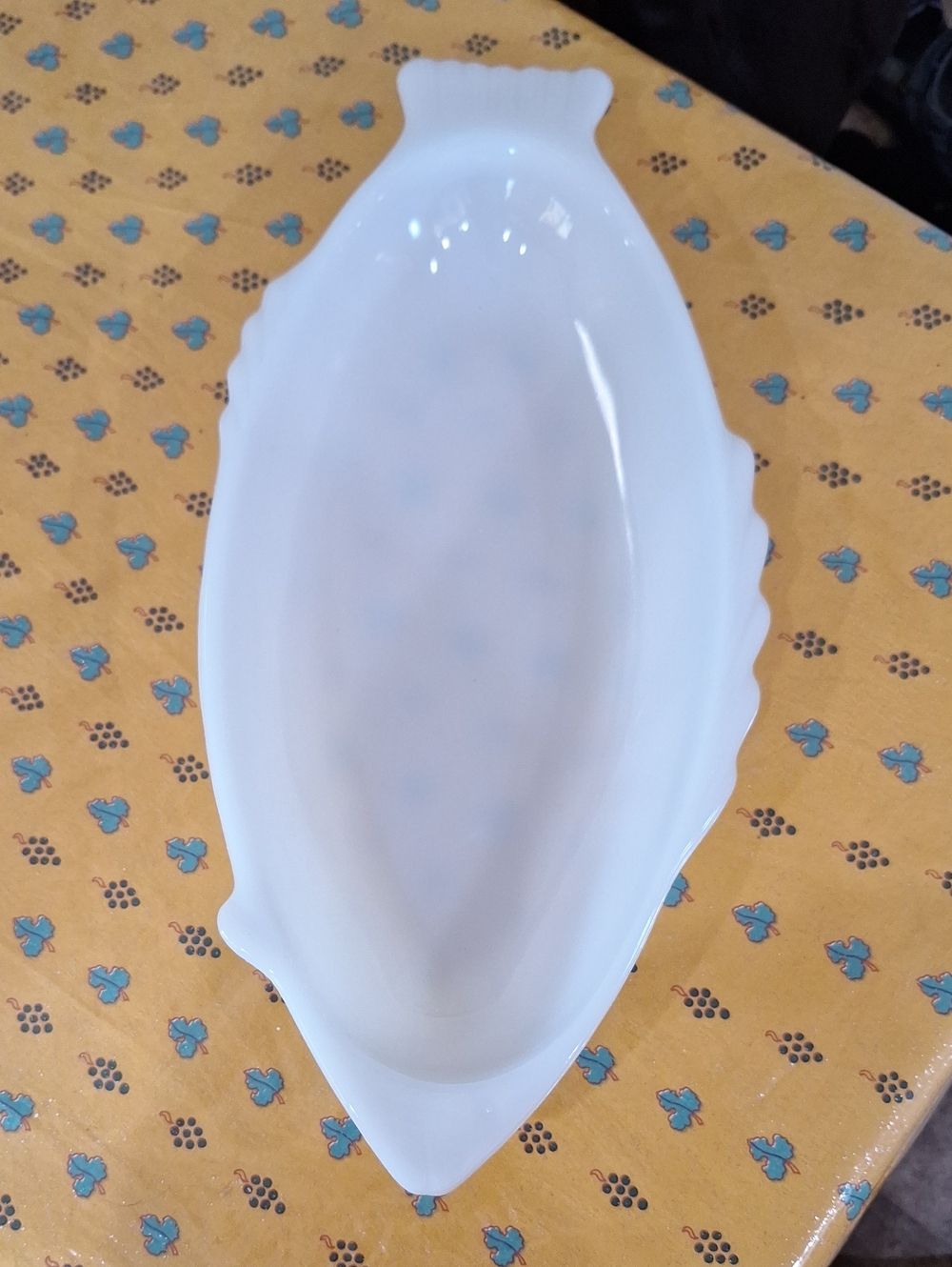 Vintage GlasBake white milk glass fish-shaped serving platter